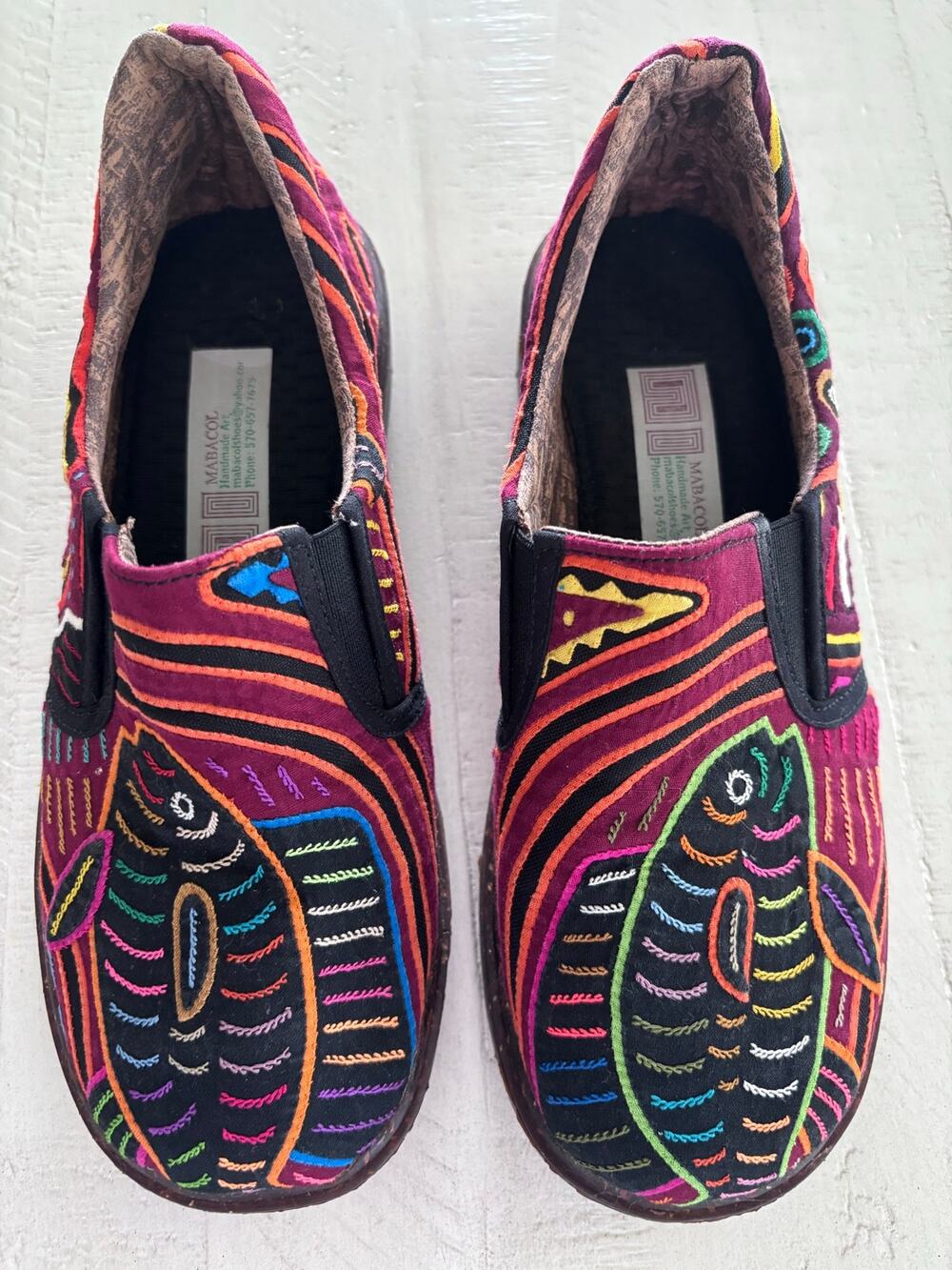 Mabacol NWOT Artisan Handmade Embroidered Fish Slip on Shoes Upcycle Recycle SZ6